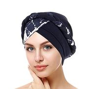 Turban élégant pour femme - Bandeau élastique - Bonnet hijab chimio - Chapeau islamique - Accessoire de chimiothérapie - Pour perte de cheveux - Cancer, Marine, taille unique