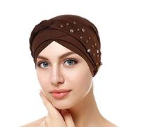 Turban Mode Bonnet chimio pour Femmes Dames Bonnet Beanie avec élégante Application de Rivets en Strass, Longbeanie Slouch Chemo Couvre-chef Bonnet Unisexe Bonnet de Nuit Bonnets Beanie Foulard Café