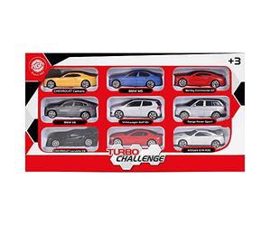TURBO CHALLENGE - Assortiment de 9 Voitures - Die Cast - 029020-1/64 - Voiture Roues Libres - Modèle Aléatoire - Métal - À Partir de 3 Ans