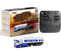 Turbo Racing Mini camion radiocommandé à l'échelle 1/76 avec remorque, tracteur électrique 2,4 G 3 CH 4WD avec 2 conteneurs de cargaison, système d'éclairage LED, effets sonores et support de levage