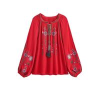 TUREAU Chemise brodée à manches longues pour femme - Chemisier paysan à manches longues - Style bohème - Col en V - Tunique ample et légère, 03 Rouge, Taille S