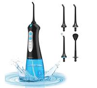 TUREWELL Hydropulseur dentaire sans fil portable pour nettoyeur de dents, 3 modes et 6 embouts de jet IPX7, étanche à l'eau, 300 ml pour la maison et les voyages (Noir)