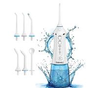 TUREWELL Hydropulseur Jet Dentaire, Portable Irrigateur Oral avec 3 Modes et 6 Buses, USB Rechargeable et IPX7 Etanche, 300ML Nettoyeur de Dents pour la Maison et les Voyages（Blanc）