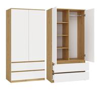 TURIN - Armoire de chambre - Penderie multifonctions - 2 portes + 2 tiroirs - Dressing - artisan et blanc