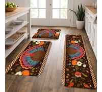 Turkey Lot de 3 tapis de cuisine doux pour sol, motif floral d'automne coloré, rembourré, lavable, antidérapant pour cuisine, évier, buanderie, salle de bain