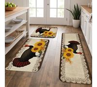 Turkey Lot de 3 tapis de cuisine pour sol, motif tournesol rustique, vintage, doux, rembourré, lavable, antidérapant pour cuisine, évier, buanderie, salle de bain