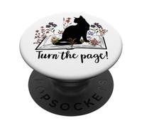 Turn The Page Books & Cats Black Cat Women Floral Book Lover PopSockets PopGrip Adhésif