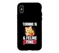 Turning 16 and Feline Fine Jeu de Mots pour fête d'anniversaire sur Le thème des Chats Coque pour iPhone X/XS