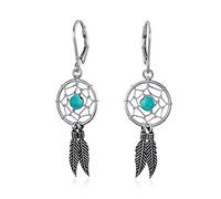 Turquoise Bleu Boucles D'Oreilles Pendentifs En Plumes D'Attrape-Rêves Pour Femmes Ados En Argent Sterling