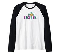 Turquoise Leopard Easter Cross for Christian Sunflower Mom Manche Raglan
