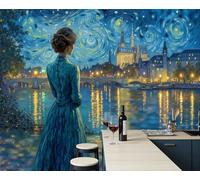 Turquoise Papier Peint Panoramique, Papier Peint Vue Sur La Seine Paris Murale 300X210Cm (L X H) - Chambre Coucher D’Enfant Salon Décoration Belle Femme Peinture À L'Huile Photo Poster Geant Murale