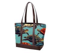 Turtles in the Water 397 Sac fourre-tout en cuir durable et toile pour femme avec poignée sur le dessus, Multicolore 02, 33.8x12x31cm/13.3x4.7x12.2 in