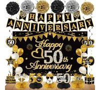 Turypaty Kit de décorations « Happy 50th Anniversary » - Noir et doré - Fournitures de fête pour 50e anniversaire de mariage - Grande bannière « Happy 50th Anniversary » - Centre de table - Tourbillon