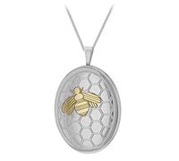 Tuscany Silver Collier avec Médaillon Ovale 'Ruche et Abeille en 2 Tons' pour Femme, avec Chaîne Gourmette Rhodium en Argent Sterling Rhodié - 46 cm