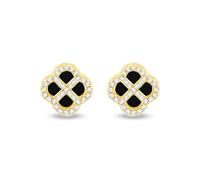 Tuscany Silver pour femmes Boucles d'oreilles puce en argent sterling plaqué or jaune avec trèfle en agate noire de 11 mm et CZ blanc de 1,1 mm