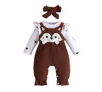 Tuta a salopette per bambina con stampa a cartoni animati, maniche lunghe, comodo tessuto in cotone, vestito autunno-inverno per neonati e bambini piccoli, include fascia coordinata (Brown, 9-12