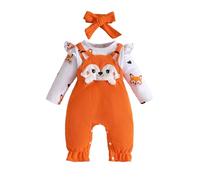 Tuta a salopette per bambina con stampa a cartoni animati, maniche lunghe, comodo tessuto in cotone, vestito autunno-inverno per neonati e bambini piccoli, include fascia coordinata (Orange, 6-9