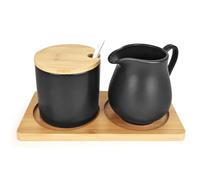 Tutamaz Ensemble de pots à lait et sucre, en céramique, avec couvercle et cuillère, pot à crème en céramique, pour la cuisine et le café, passe au micro-ondes et au lave-vaisselle, noir