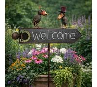 Tuteur de Jardin Panneau Welcome Écriteau Flèche Éolienne Corbeaux Marron en Métal 12x48x122cm