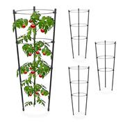 Relaxdays Tuteur à tomates en Lot de 4, métal et Plastique, Hauteur : 45 cm, 3 Anneaux réglables, pour Plantes, Noir