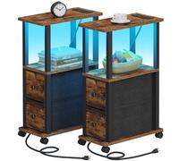 TUTOTAK TB01BB053CL Lot de 2 petites tables d'appoint étroites à DEL avec 2 tiroirs en tissu avec station de charge pour petits espaces - Table de chevet fine avec ports USB et roulettes