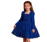 Tutu Danse Classique Fille Jupon Robe Enfant Fille Bal ou soirée Robe Manches Longues Pailletée Étoiles + Nœud - Tenue Formelle De Pageant pour Filles, Adaptée Aux Célébrations Hivernales