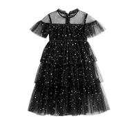 Tutu Danse Classique Fille Jupon Robe Enfant Fille De Toutes Saisons Robe Manches Papillon Pailletée Étoiles Et Lune À Volants - Tenue Cosmique pour Spectacles Nocturnes Et Fêtes Magiques