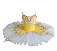 Tutu de Ballet Professionnel pour Fille, Justaucorps de Gymnastique en Dentelle brodée de Cygne, Costume de Tutu crêpe Tenue de Danse Patinage Artistique Tenue de Ballerine,Jaune,130