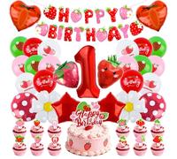 Tutukyle Decoration Anniversaire Enfant 1 An- Ballon Fraise Kit Fille Garcon, Ballons Rose avec Banderole Happy Birthday Decoration, Deco de Baudruche