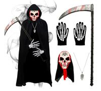 Tutukyle Déguisement Faucheuse Enfant, Halloween Costume Faucheuse Enfant, avec Faucille Gants de squelette Masque de squelette Collier de crâne pour Halloween, Mascarade, Cosplay, Carnaval