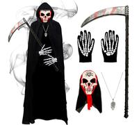 Tutukyle Déguisement Faucheuse Homme,Halloween Costume Faucheuse Adulte, avec Faucille Gants de squelette Masque de squelette Collier de crâne pour Halloween, Mascarade, Cosplay, Carnaval