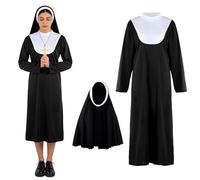 Tutukyle Déguisement Nonne, Déguisement Nonne Noire, Costume D'Halloween Effrayant pour Femme,Costume de Nonn D'Halloween 3 Pièces avec Capuche et Chaîne Croisée pour Carnaval,Fête Costumée