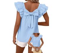 TUUHAW Blouse Femme Chic Et Élégant Summer Top À Manches Courtes T-Shirts À Volants Chemisier avec Dos À Nœud Bleu Clair L