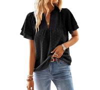 TUUHAW Blouse Femme T-Shirts à Manches Courtes Femme Été Chemisier Chic et Élégant Volants Col en V Chemise Bohème Top Plissé Fluide Lâches Vintage Hauts Couleur Uni Habillé Tunique Noir XL