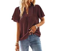 TUUHAW Blouse Femme T-Shirts à Manches Courtes Femme Été Chemisier Chic et Élégant Volants Col V Chemise Bohème Top Plissé Fluide Lâches Vintage Hauts Couleur Uni Habillé Tunique Rouge Bordeaux M
