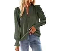 TUUHAW Chemise Femme Chic et Élégant Automne Grande Taille Manches Longues Bohème Top Col en V Manche à Volants Dentelle Haut T-Shirts à Point Suisse Décontracté Fluide Tunique Vert Militaire XXL