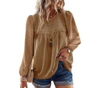 TUUHAW Chemise Femme Chic et Élégant Automne Grande Taille Manches Longues Bohème Top Col Rond Dentelle Décontracté Haut T-Shirts Fluide à Point Suisse Tunique Marron Clair XXL