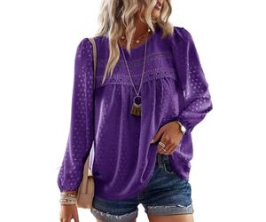 TUUHAW Chemise Femme Chic et Élégant Automne Grande Taille Manches Longues Bohème Top Col Rond Dentelle Décontracté Haut T-Shirts Fluide à Point Suisse Tunique Violet Foncé XXL