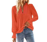 TUUHAW Chemise Femme Chic et Élégant Automne Manches Longues Bohème Top Col en V Manche à Volants Dentelle Haut T-Shirts à Point Suisse Décontracté Fluide Tunique Orange Vif XL
