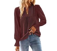 TUUHAW Chemise Femme Chic et Élégant Automne Manches Longues Bohème Top Col en V Manche à Volants Dentelle Haut T-Shirts à Point Suisse Décontracté Fluide Tunique Rouge Bordeaux XL