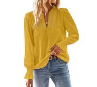 TUUHAW Chemise Femme Chic et Élégant Automne Manches Longues Bohème Top Col en V Manche à Volants Dentelle Haut T-Shirts à Point Suisse Décontracté Fluide Tunique Jaune XL