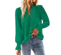 TUUHAW Chemise Femme Chic et Élégant Automne Manches Longues Bohème Top Col en V Manche à Volants Dentelle Haut T-Shirts à Point Suisse Décontracté Fluide Tunique Vert Vif S