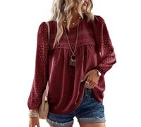TUUHAW Chemise Femme Chic et Élégant Automne Manches Longues Bohème Top Col Rond Dentelle Décontracté Haut T-Shirts Fluide à Point Suisse Tunique Bordeaux XL