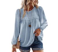 TUUHAW Chemise Femme Chic et Élégant Automne Manches Longues Bohème Top Col Rond Dentelle Décontracté Haut T-Shirts Fluide à Point Suisse Tunique Bleu S