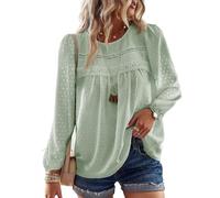 TUUHAW Chemise Femme Chic et Élégant Automne Manches Longues Bohème Top Col Rond Dentelle Décontracté Haut T-Shirts Fluide à Point Suisse Tunique Vert Menthe XL