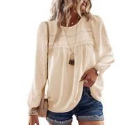 TUUHAW Chemise Femme Chic et Élégant Automne Manches Longues Bohème Top Col Rond Dentelle Décontracté Haut T-Shirts Fluide à Point Suisse Tunique Abricot S