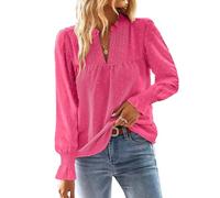 TUUHAW Chemise Femme Chic et Élégant Automne Oversize Manches Longues Bohème Top Col en V Manche à Volants Dentelle Haut T-Shirts à Point Suisse Décontracté Fluide Tunique Rose Vif 5XL