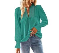 TUUHAW Chemise Femme Chic et Élégant Automne Oversize Manches Longues Bohème Top Col en V Manche à Volants Dentelle Haut T-Shirts à Point Suisse Décontracté Fluide Tunique Turquoise 5XL