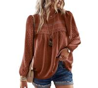 TUUHAW Chemise Femme Chic et Élégant Automne Oversize Manches Longues Bohème Top Col Rond Dentelle Fluide Haut T-Shirts Décontracté à Point Suisse Tunique Orange 3XL