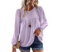 TUUHAW Chemise Femme Chic et Élégant Automne Oversize Manches Longues Bohème Top Col Rond Dentelle Fluide Haut T-Shirts Décontracté à Point Suisse Tunique Violet 3XL
